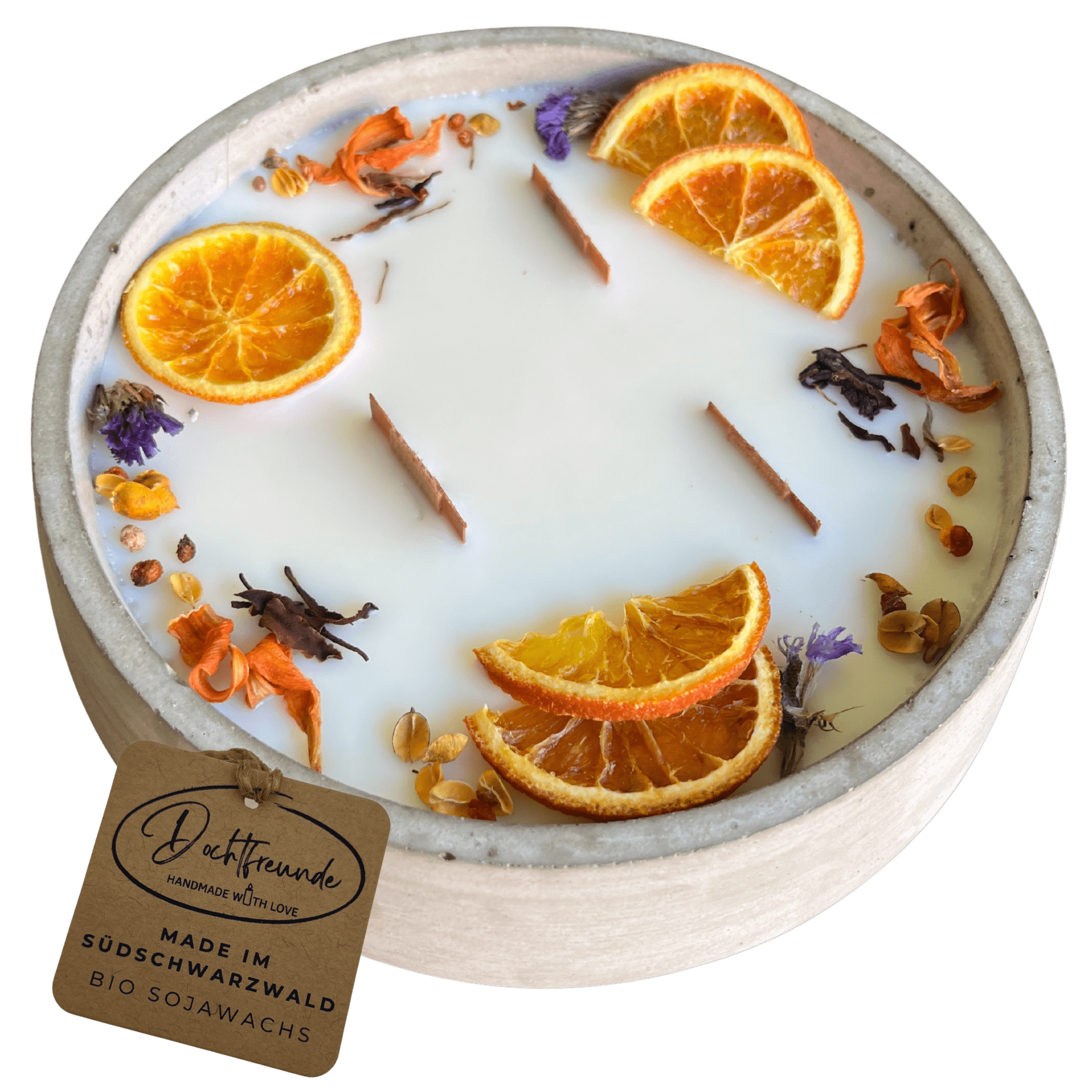 Handbesetze XXL Outdoor Citronella - Betonkerze „Big Grey - Mugge Schreck“ – Mit drei Holdochten - Handgemachter Insektenschutz aus dem Südschwarzwald mit Blütenverzierung - Ignara Living