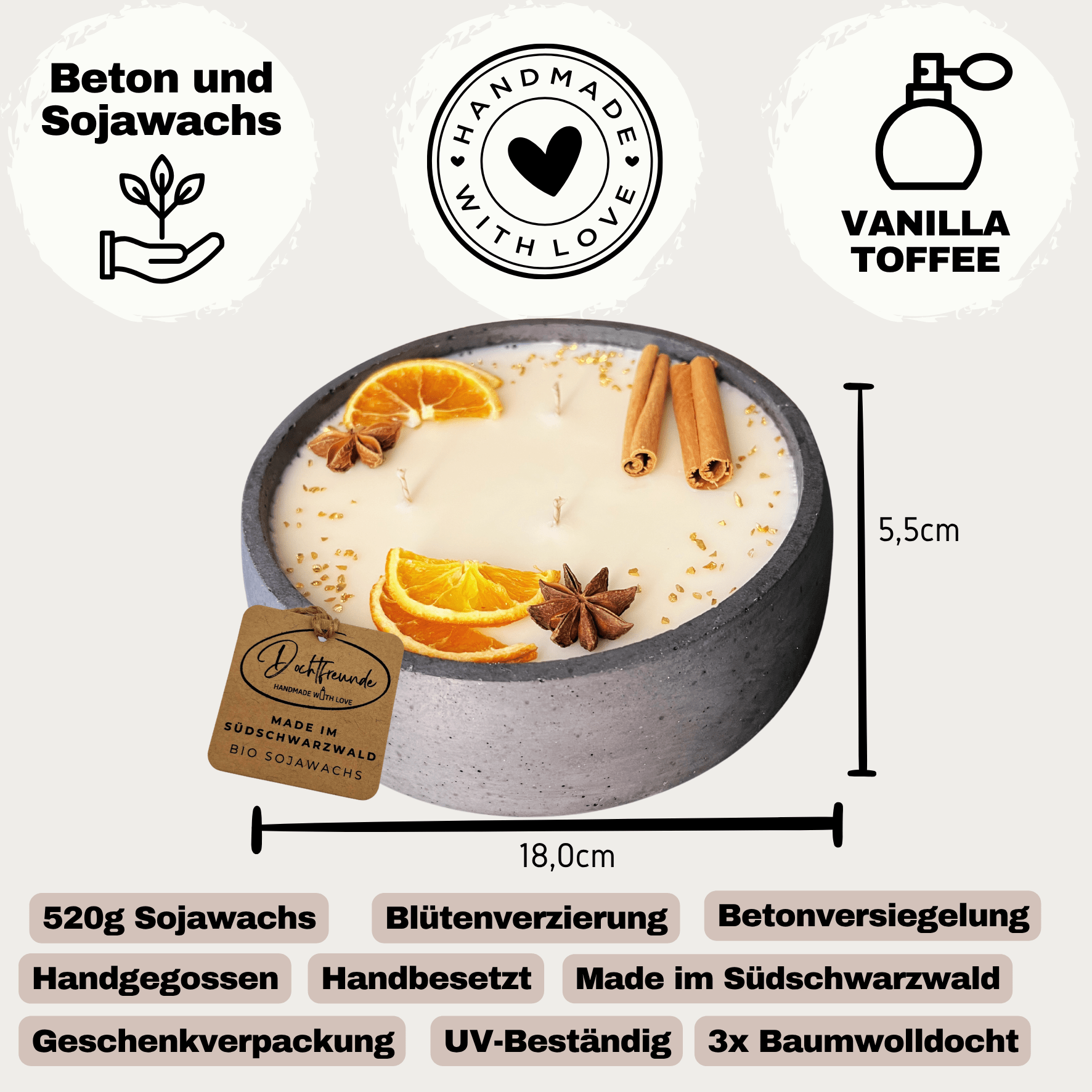 Handgemachte Betonkerze "Big Black" Duft Vanilla Toffee von DochtFreunde - Ignara Living