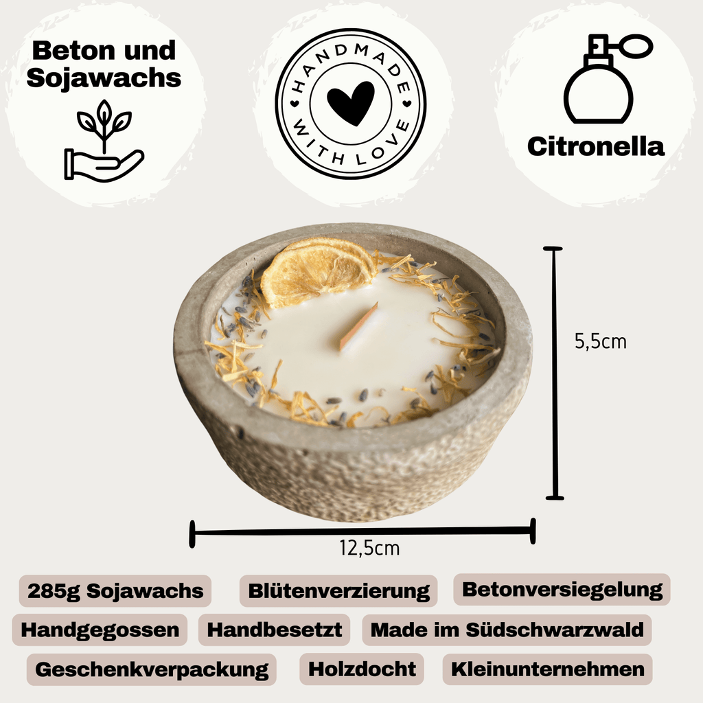 HANDGEMACHTE Citronella BETONKERZE Schwarz - Stilvolle Sojawachskerze für Ihr Zuhause. Outdoor Kerze mit Blütenverzierung und HOCHWERTIGEM Holzdocht aus dem Südschwarzwald - Ignara Living