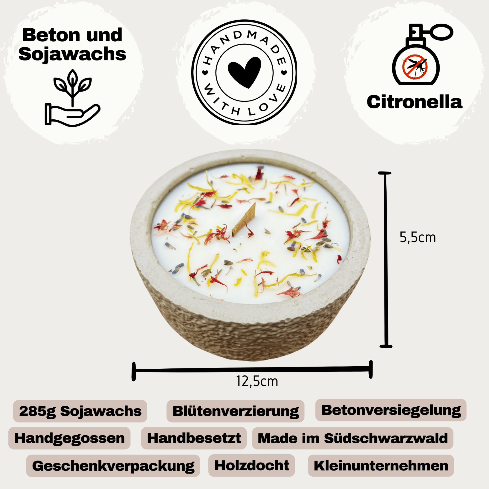 Outdoor Citronella - Betonkerzenset „Grey - Mugge Schreck“ – Handgemachter Insektenschutz aus dem Südschwarzwald mit Blütenverzierung 3x Betonkerzen im Set - Ignara Living