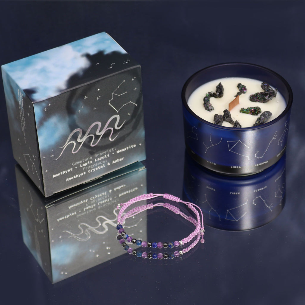 Zodiac Crystal Candle with Gemstone Bracelet - Aquarious - Ignara Living