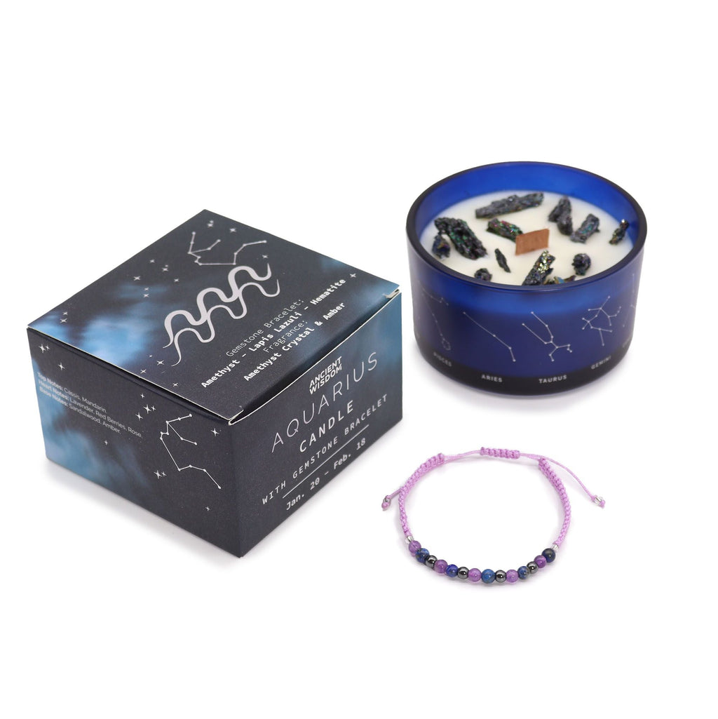 Zodiac Crystal Candle with Gemstone Bracelet - Aquarious - Ignara Living