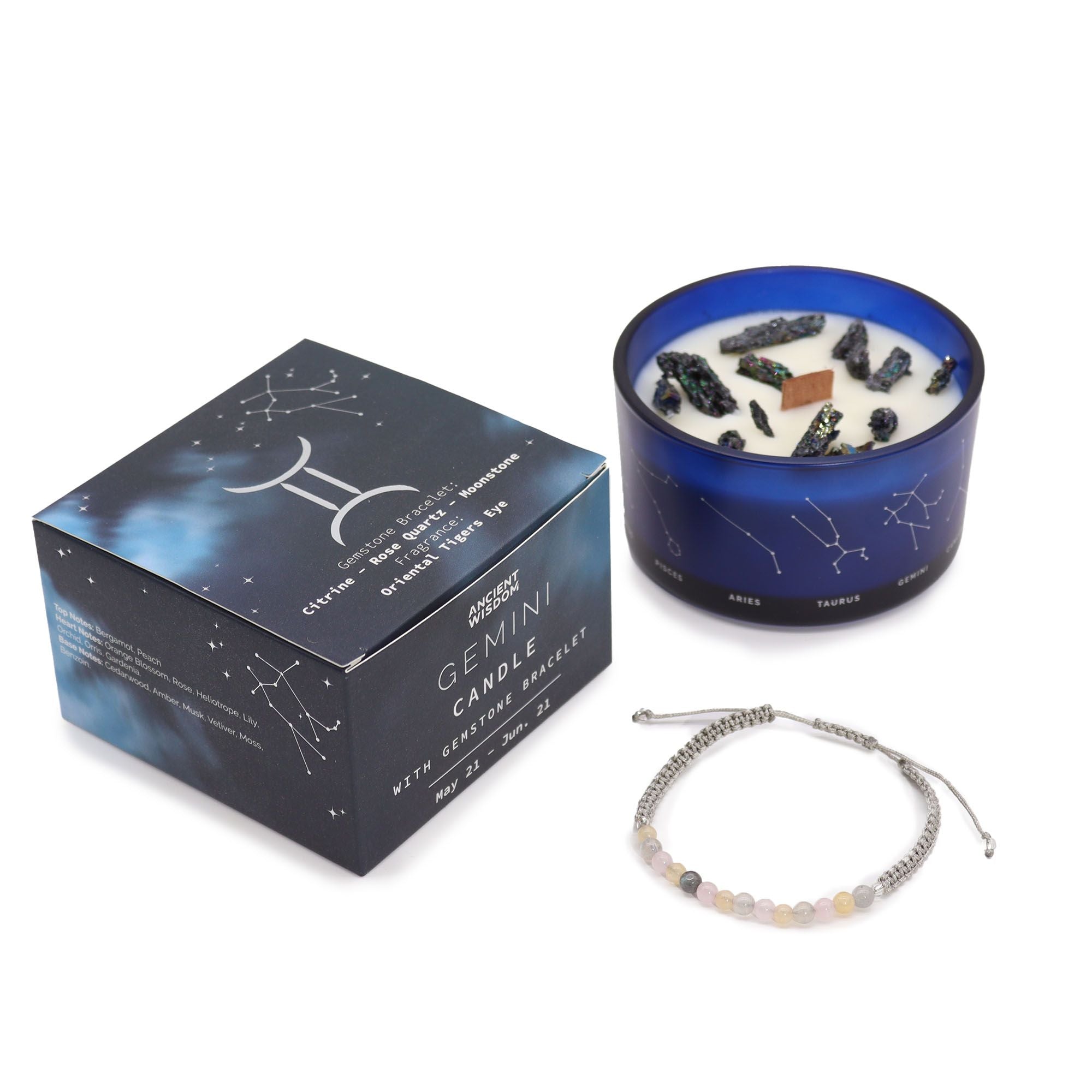 Zodiac Crystal Candle with Gemstone Bracelet - Gemini - Ignara Living